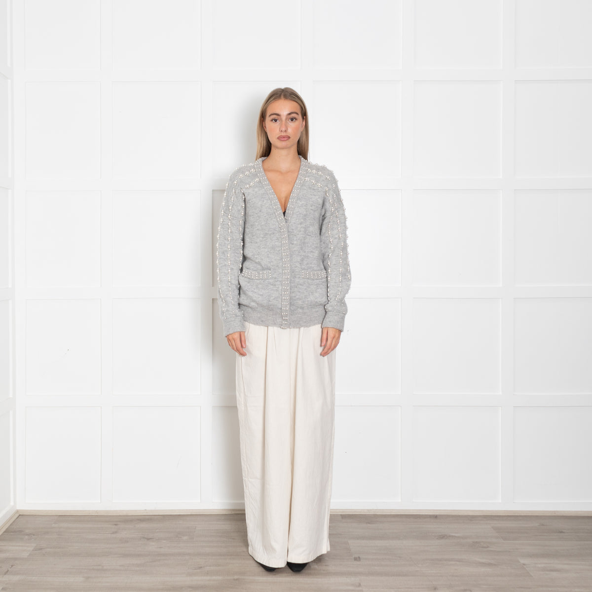 Maje Grey White Pearl Detail Wool Blend Cardigan