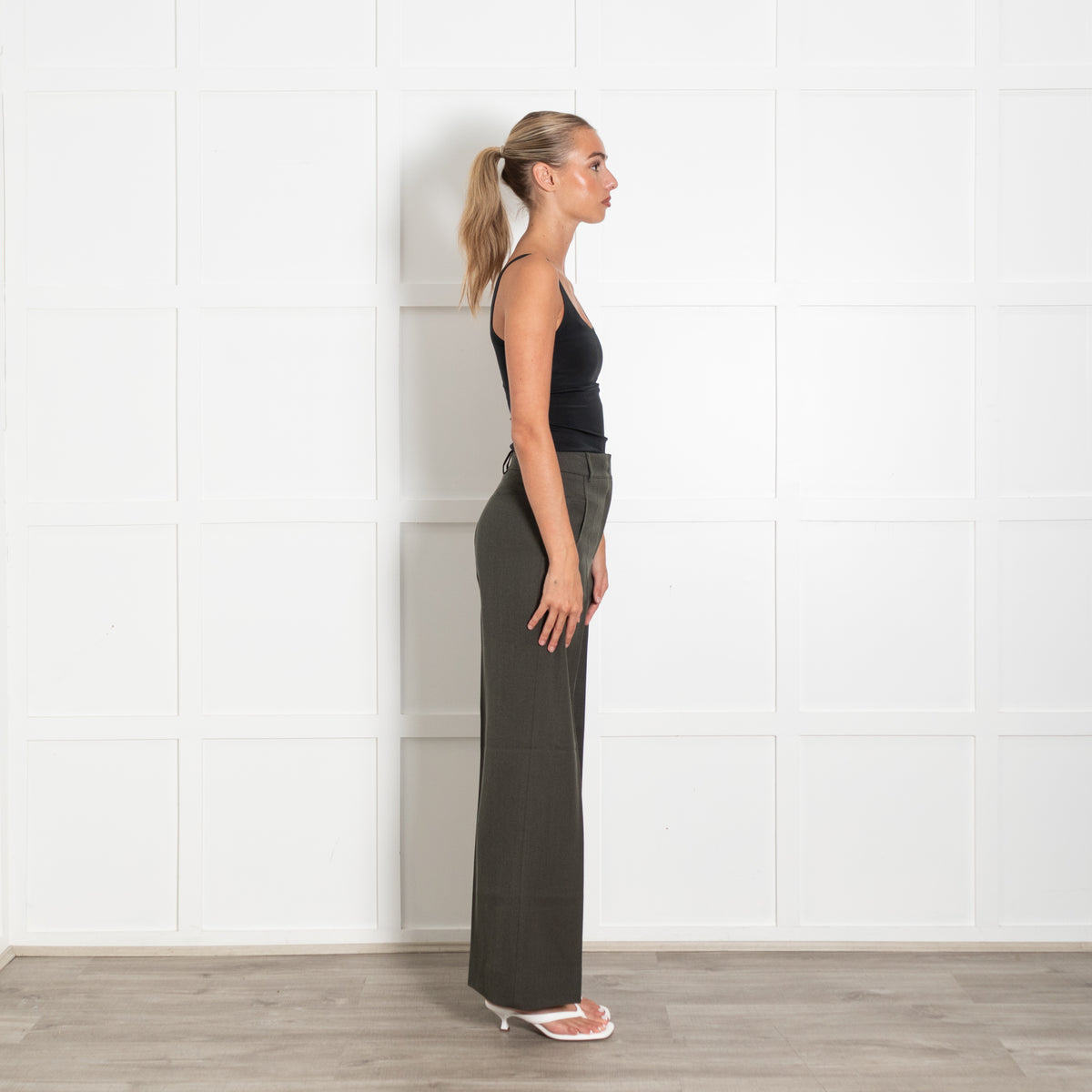 Akris Olive Green Wool Wide Leg Flat Fronted Trousers