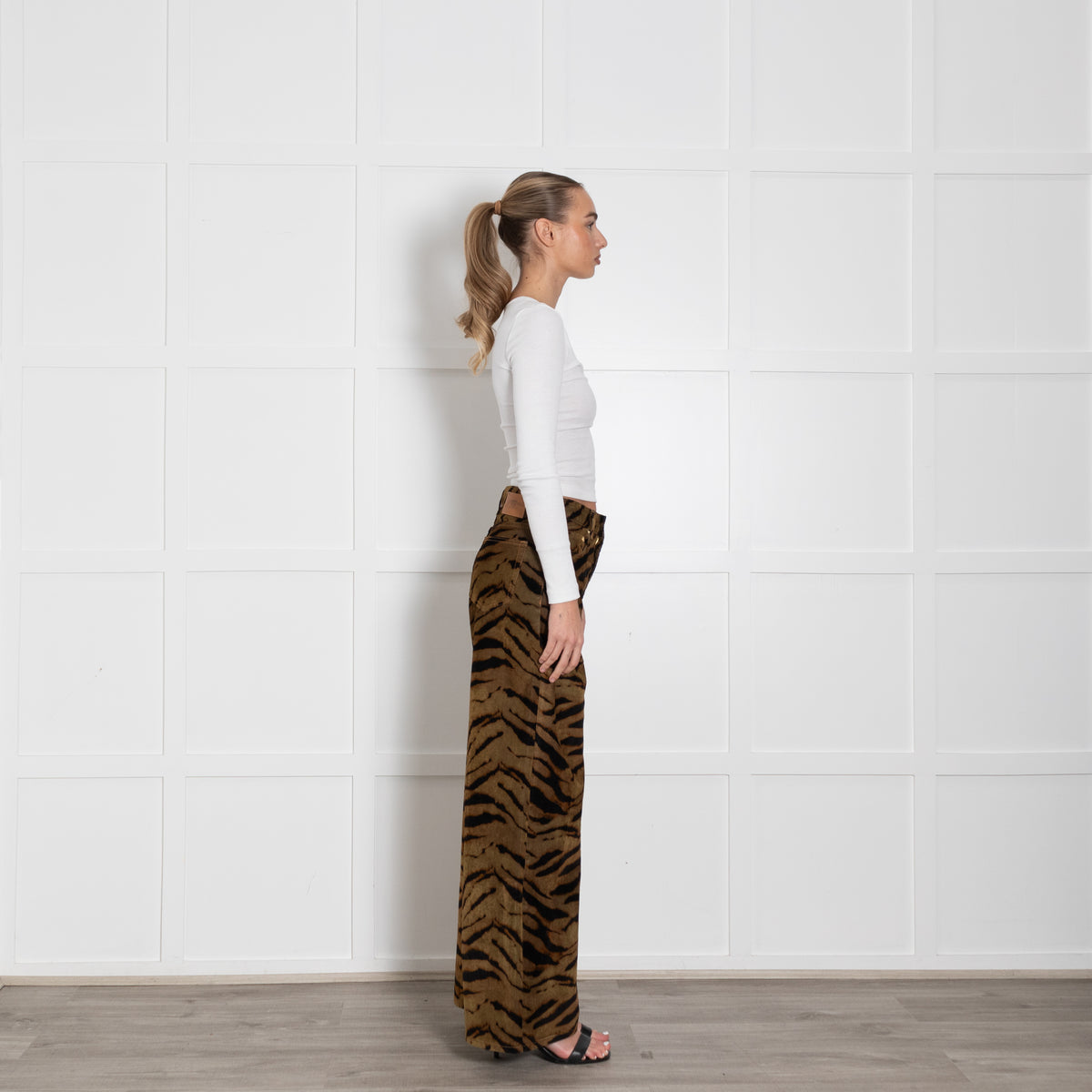 Ganni Khaki Animal Print Wide Leg Trousers