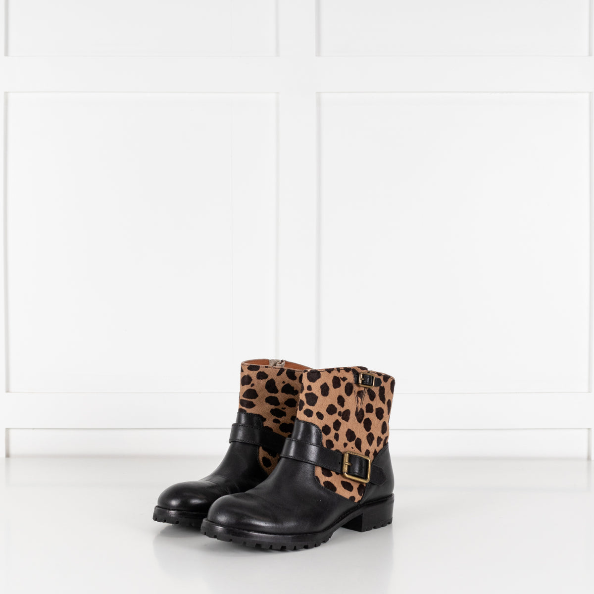Marc Jacobs Engineer Black Leather & Leopard Print Biker Boots