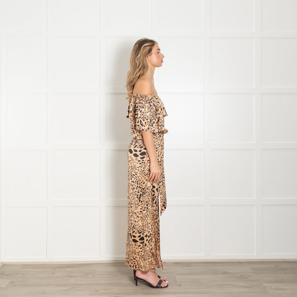 Naia Halle Bardot Frill Golden Leopard Maxi Dress