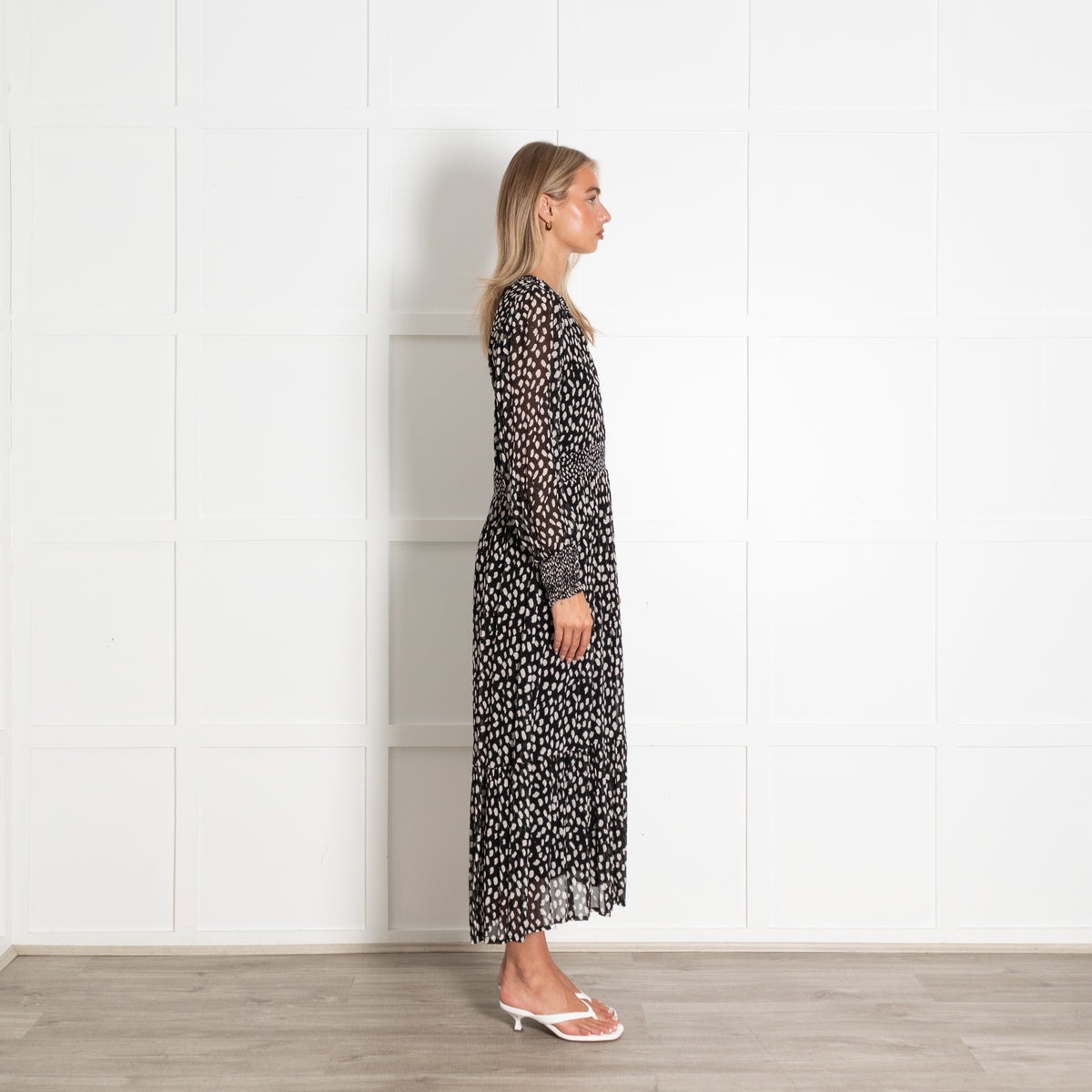 ba&sh Black With White Spot Print Flowing Longsleeve Maxi Dress