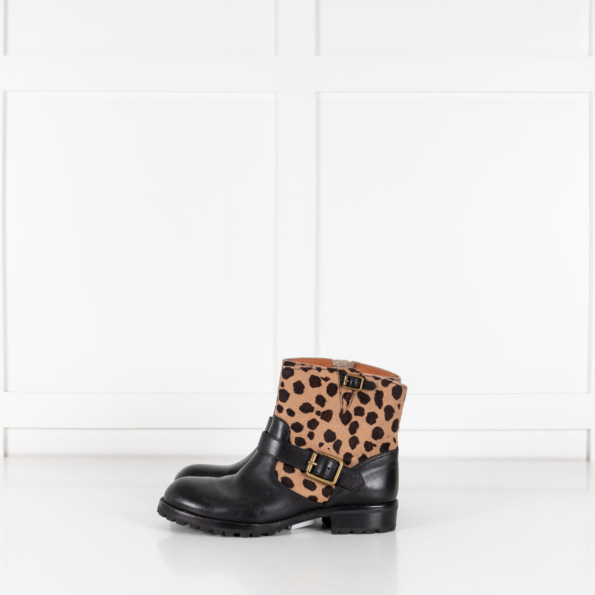 Marc Jacobs Engineer Black Leather & Leopard Print Biker Boots