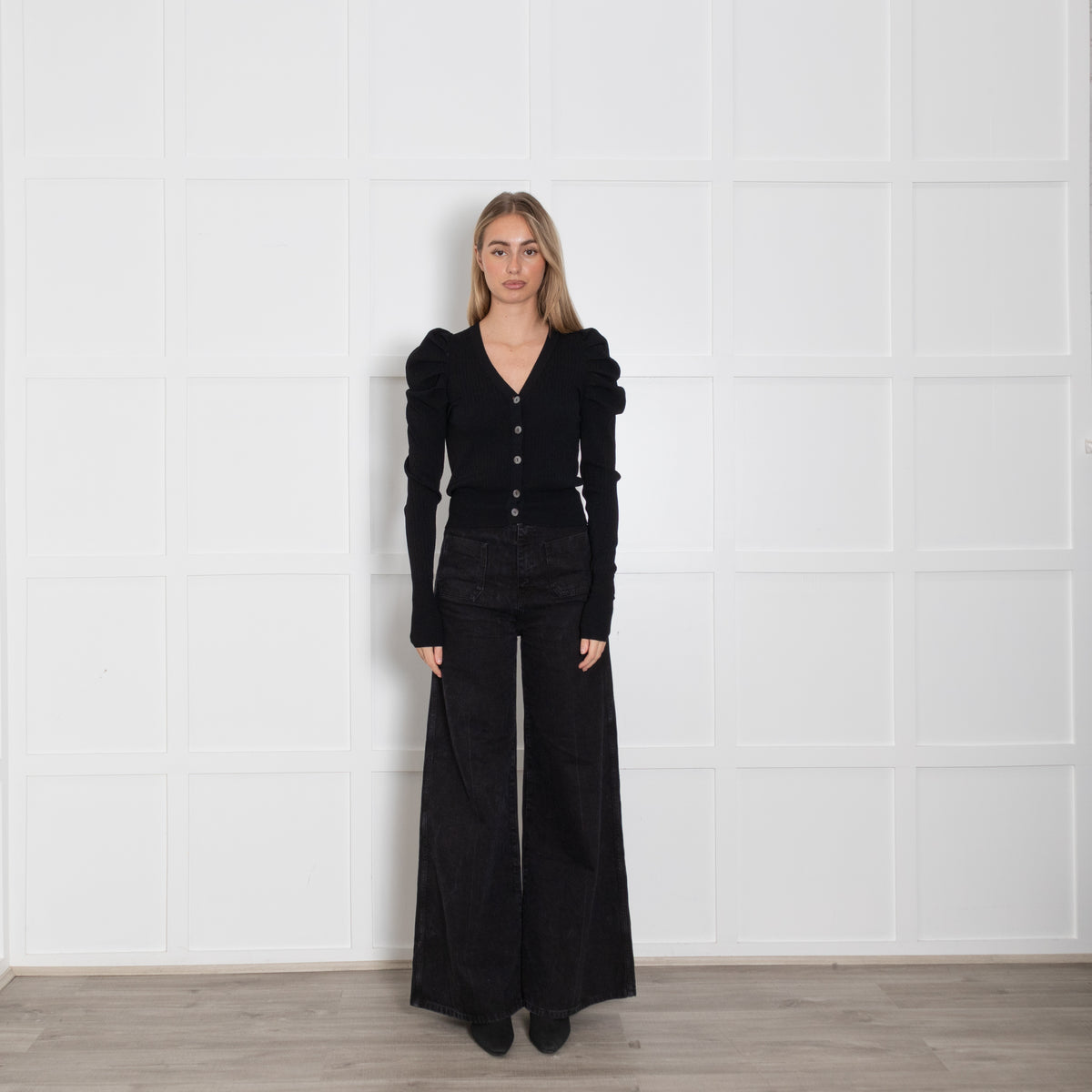 Autumn Cashmere Black Puff Sleeve Short Cardigan