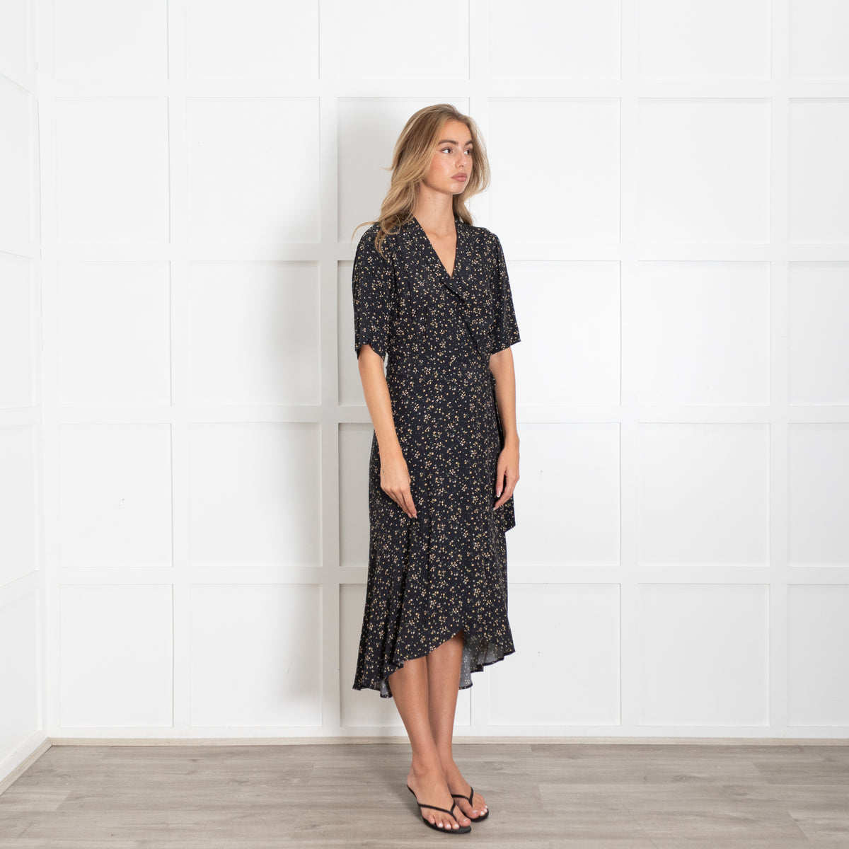 Ganni Black Ditsy Print Wrap Dress