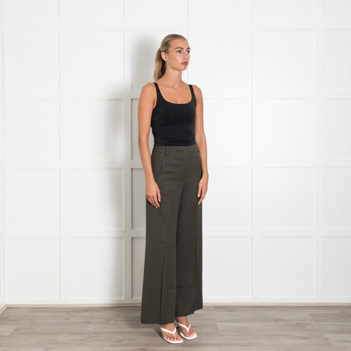 Akris Olive Green Wool Wide Leg Flat Fronted Trousers
