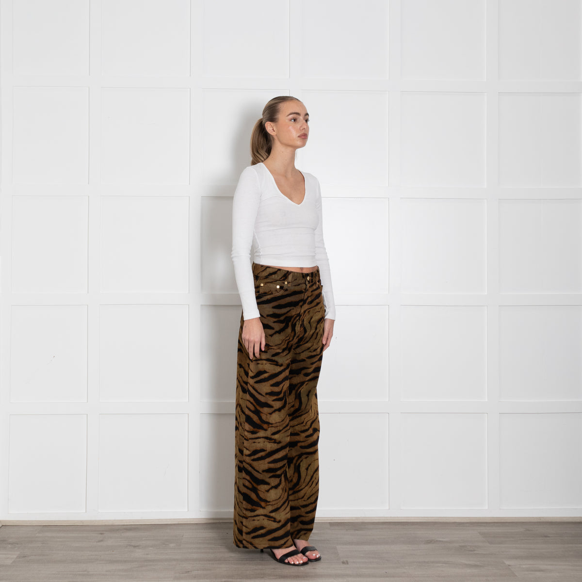 Ganni Khaki Animal Print Wide Leg Trousers