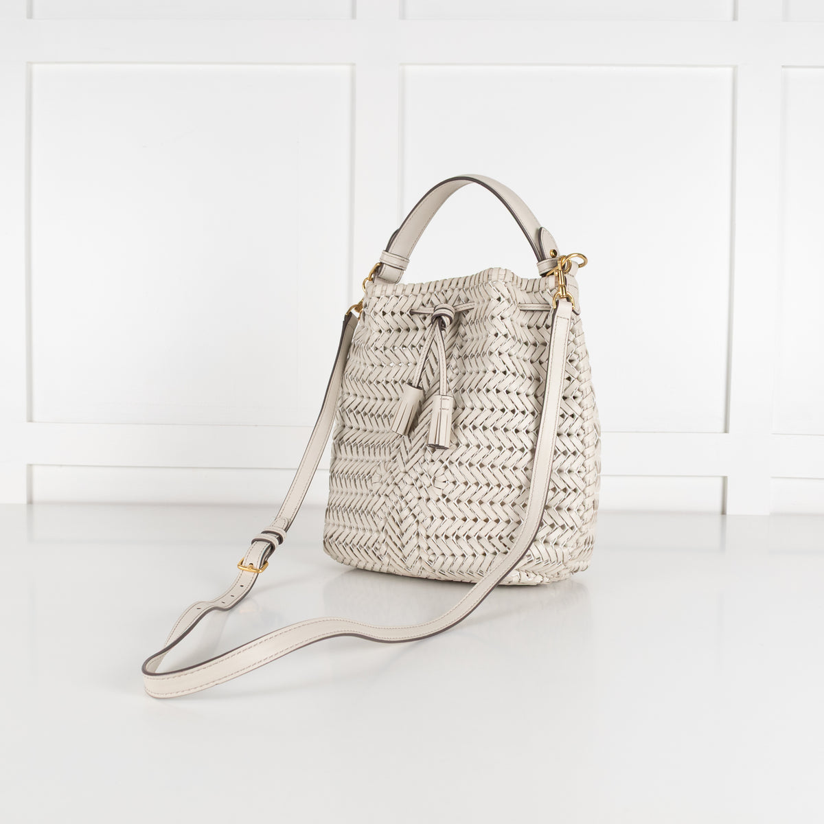 Anya Hindmarch White Woven Leather The Neeson Drawstring Small Bucket Bag