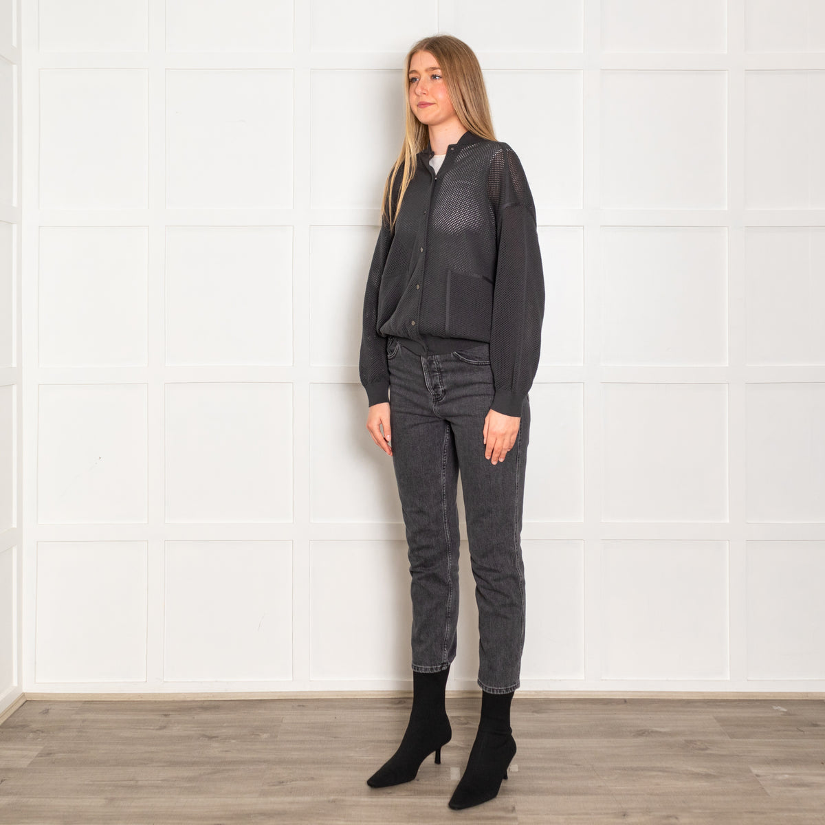 Brunello Cucinelli Grey Net Cotton Bomber Jacket