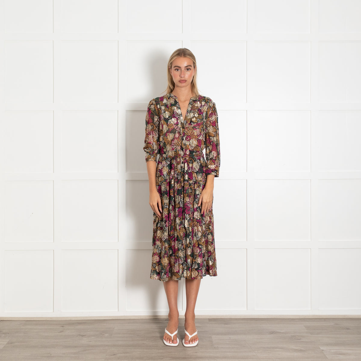 Bash Black Multi Gold Lurex Button Front Dress