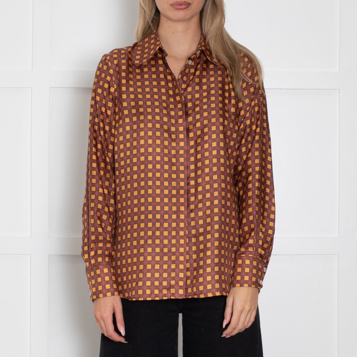 Lisou Burgundy, Yellow Patterned Silk Blouse