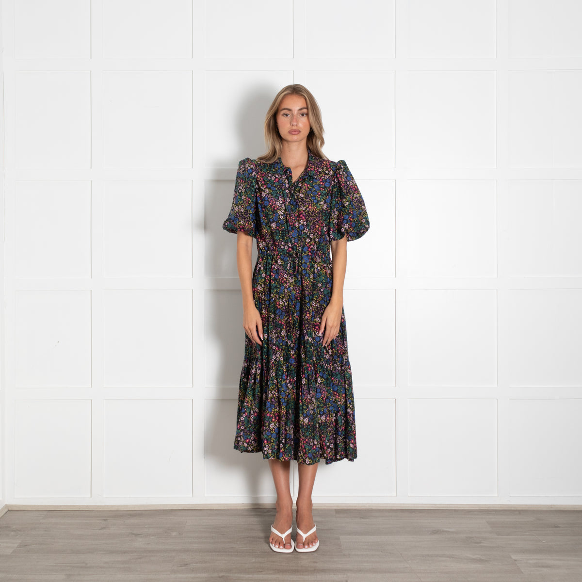 Munthe Black Cotton Floral Puff Sleeve Midi Dress
