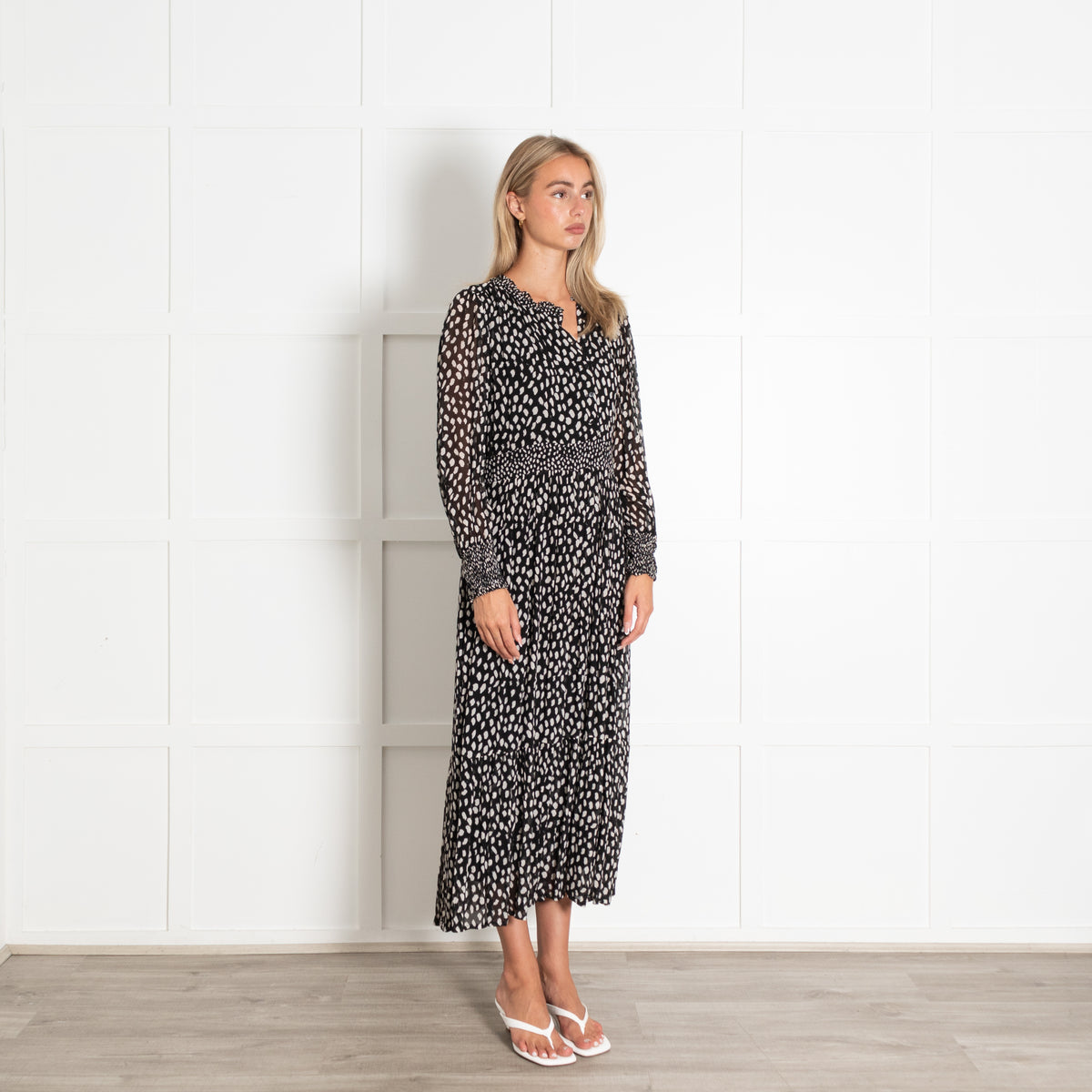 ba&sh Black With White Spot Print Flowing Longsleeve Maxi Dress