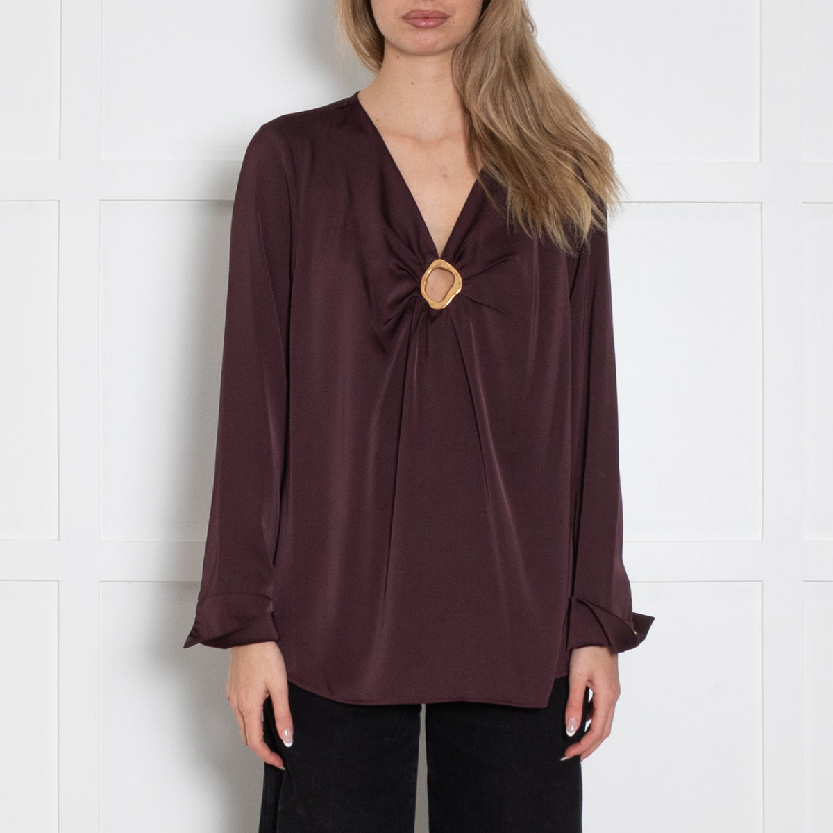 Donna Karan Burgundy Ring Embellished Long Sleeve Top