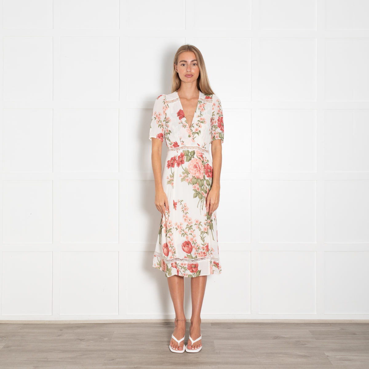 Reformation Cream Red Green Floral Lace Detail Dress