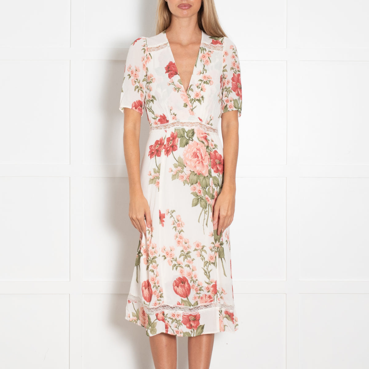 Reformation Cream Red Green Floral Lace Detail Dress