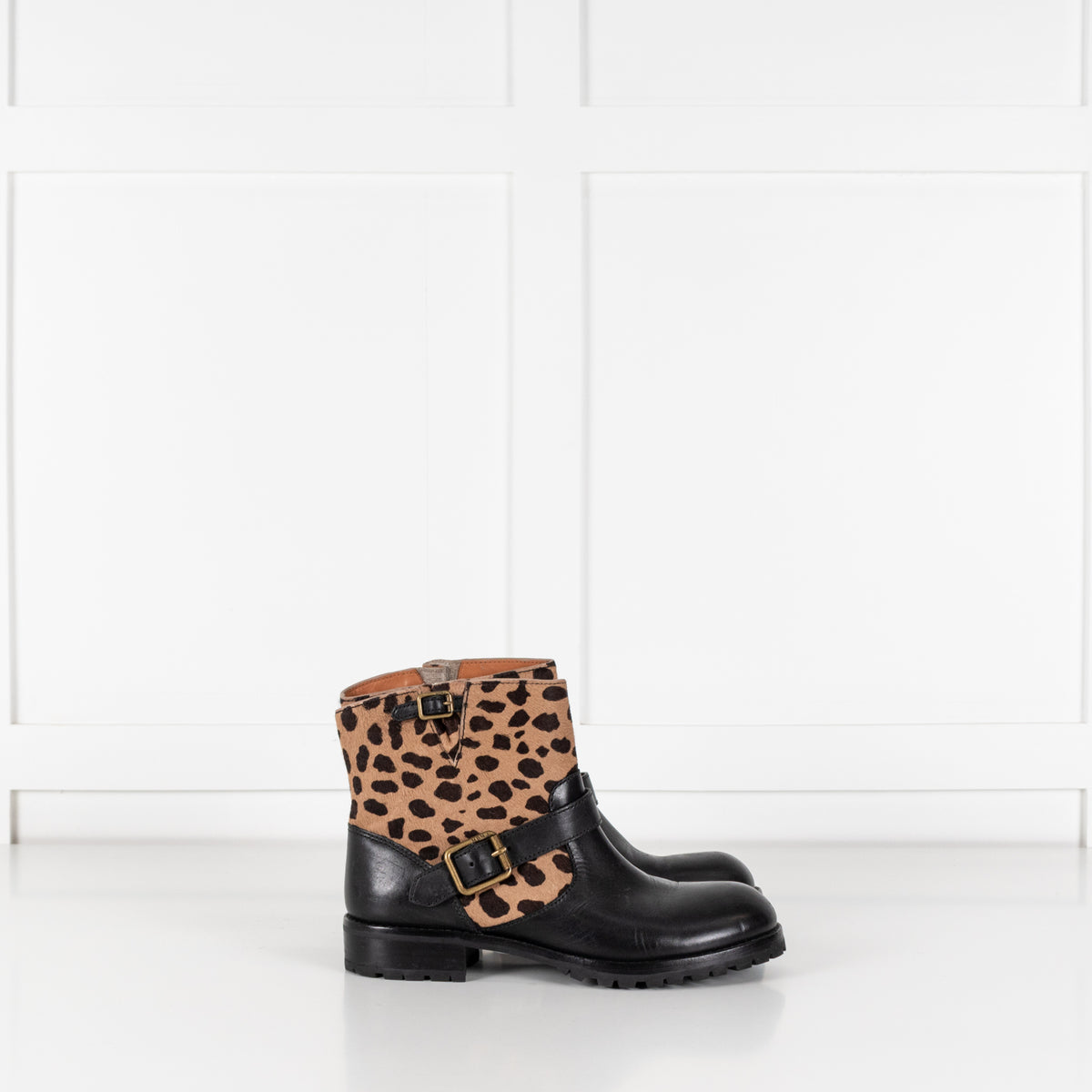Marc Jacobs Engineer Black Leather & Leopard Print Biker Boots
