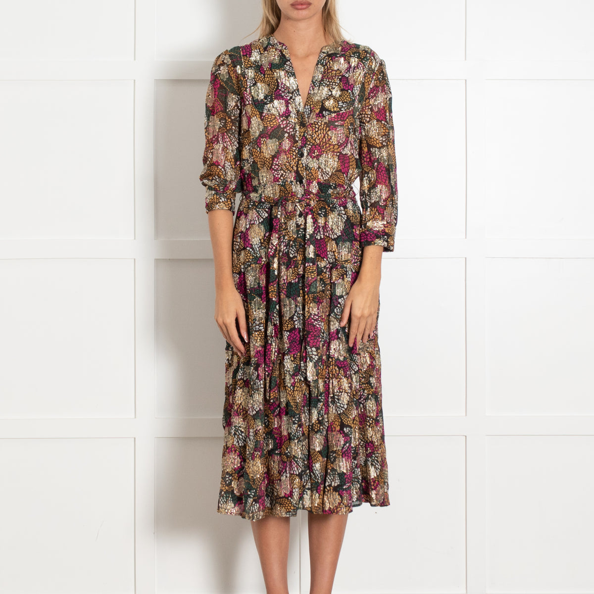 Bash Black Multi Gold Lurex Button Front Dress