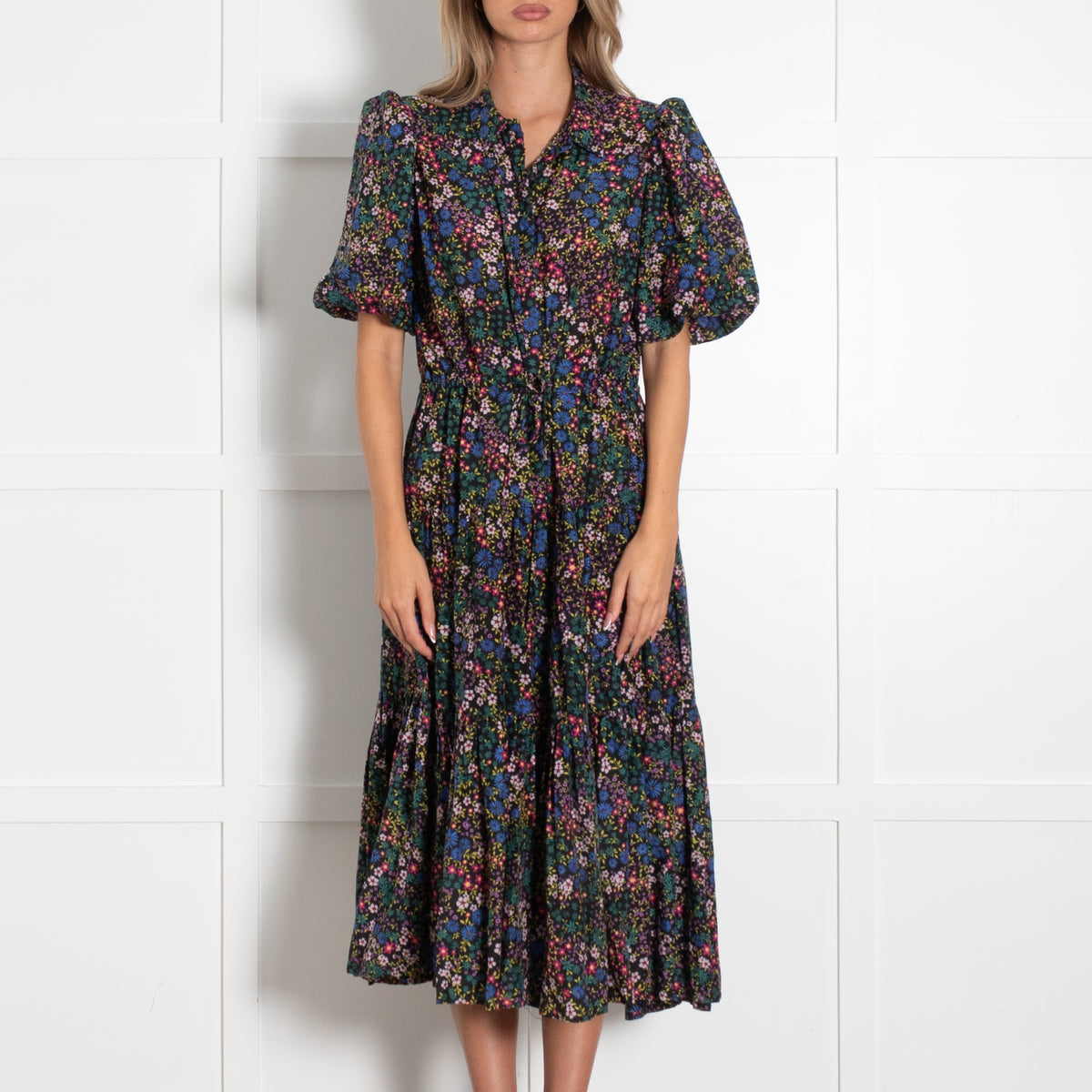 Munthe Black Cotton Floral Puff Sleeve Midi Dress
