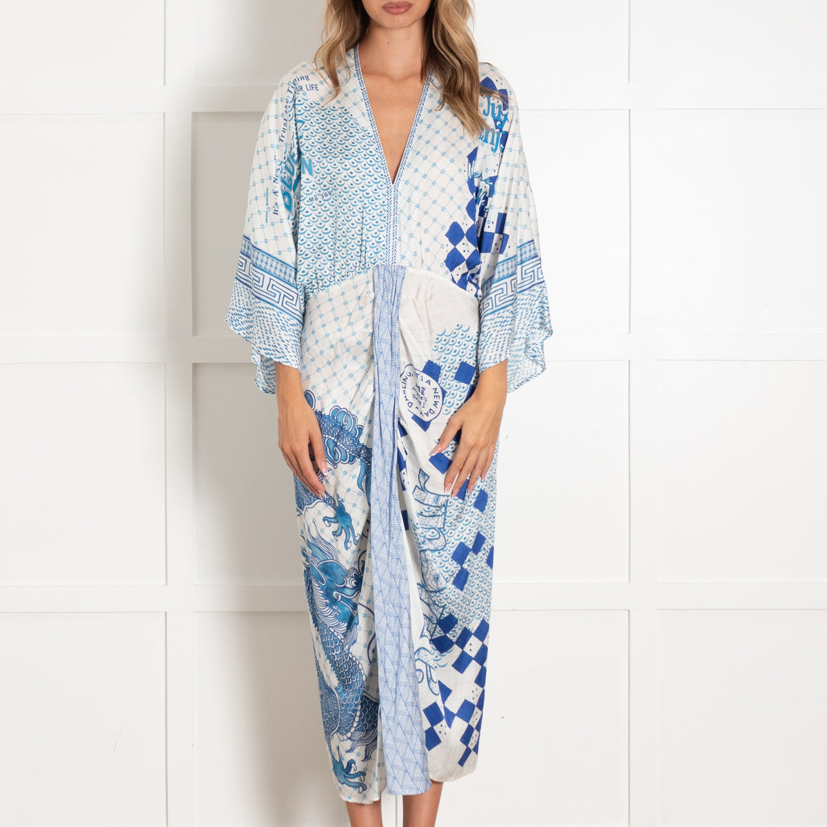Me 369 Blue And White Kimono Dress With Geometric Print And Dragon Motif