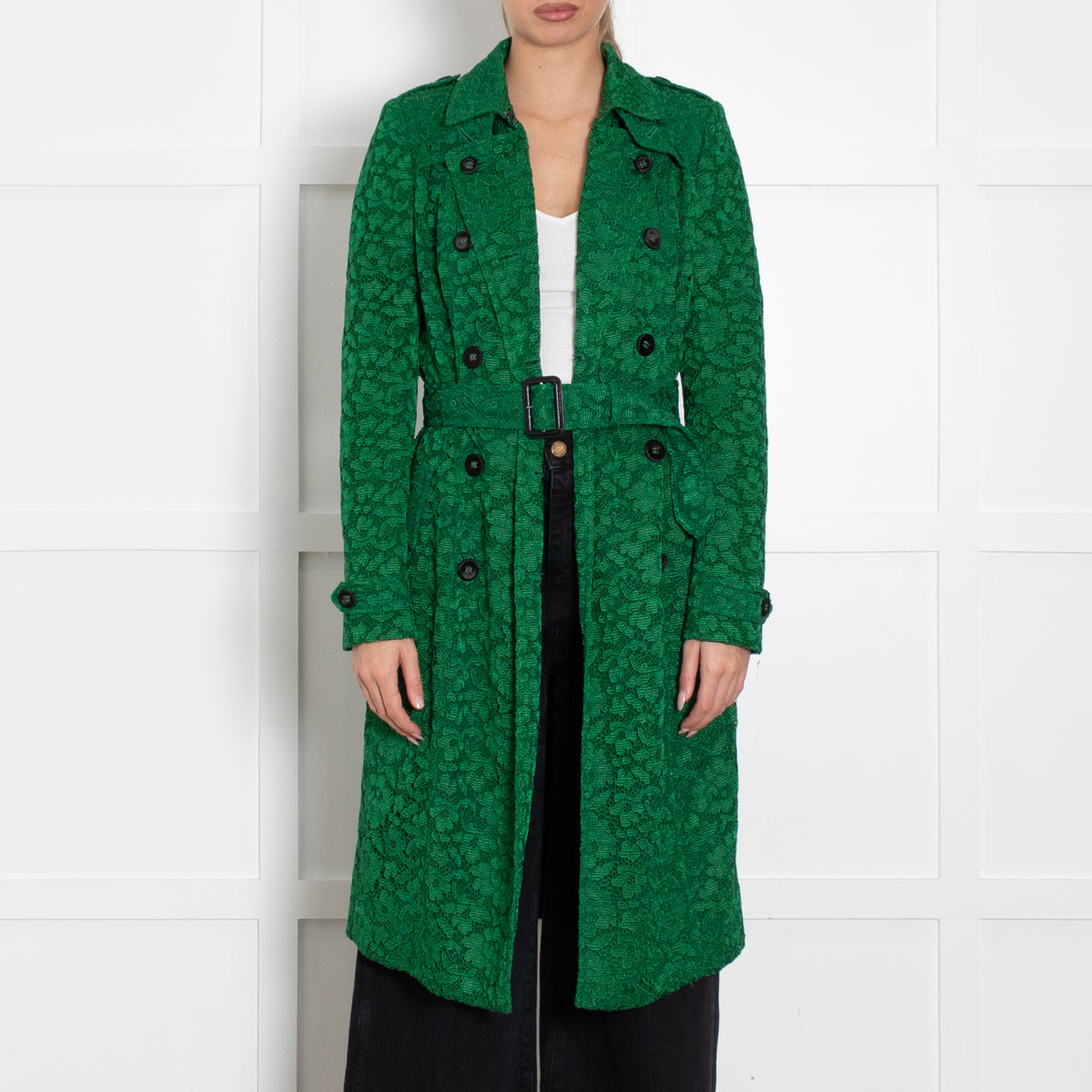 Burberry Prorsum  Green Macrame Lace Trench Coat