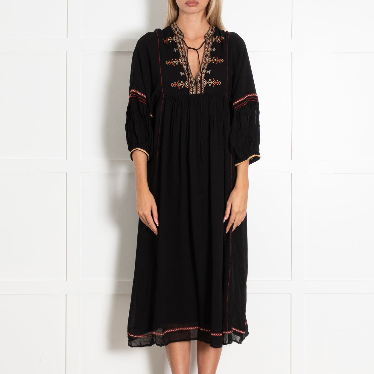 Vanessa Bruno Black Beige Red Embroidery Dress
