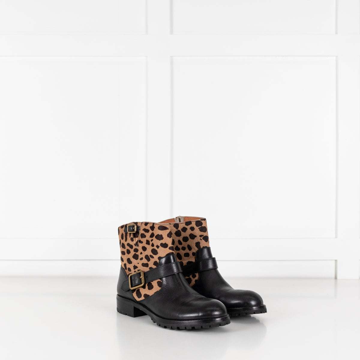 Marc Jacobs Engineer Black Leather & Leopard Print Biker Boots