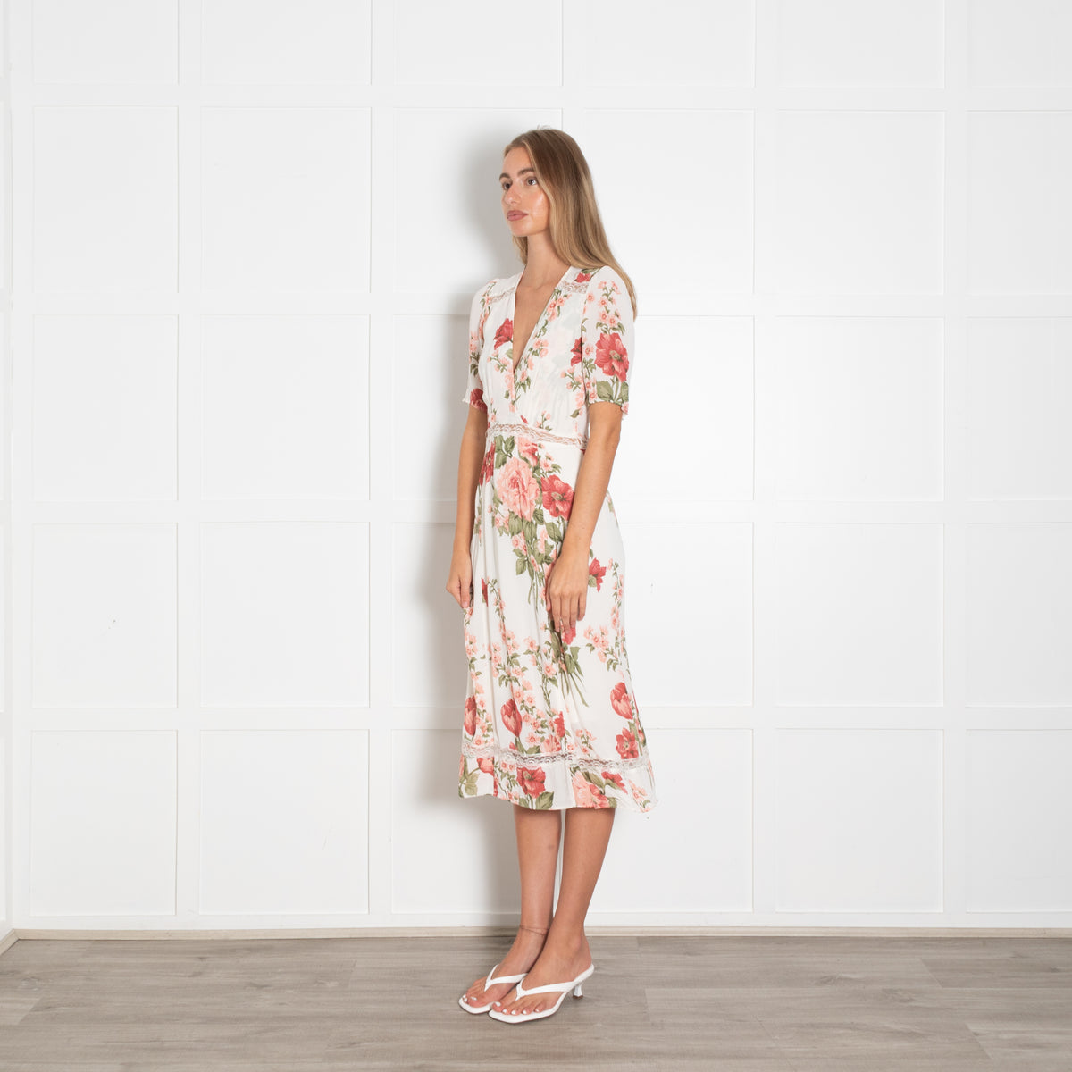 Reformation Cream Red Green Floral Lace Detail Dress