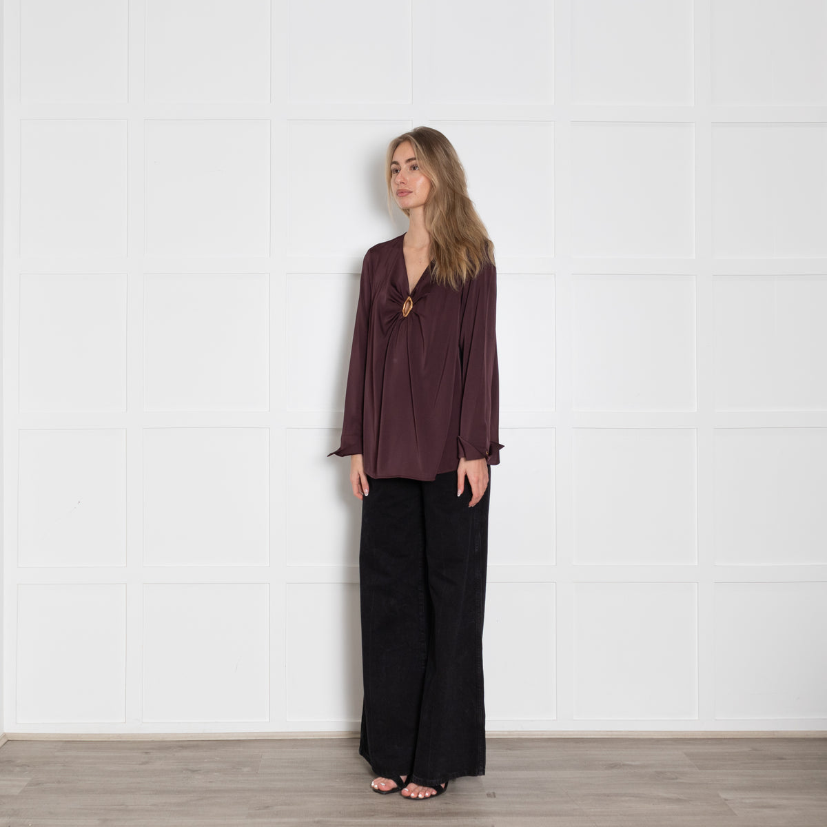 Donna Karan Burgundy Ring Embellished Long Sleeve Top