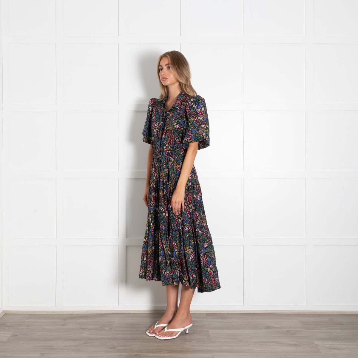 Munthe Black Cotton Floral Puff Sleeve Midi Dress