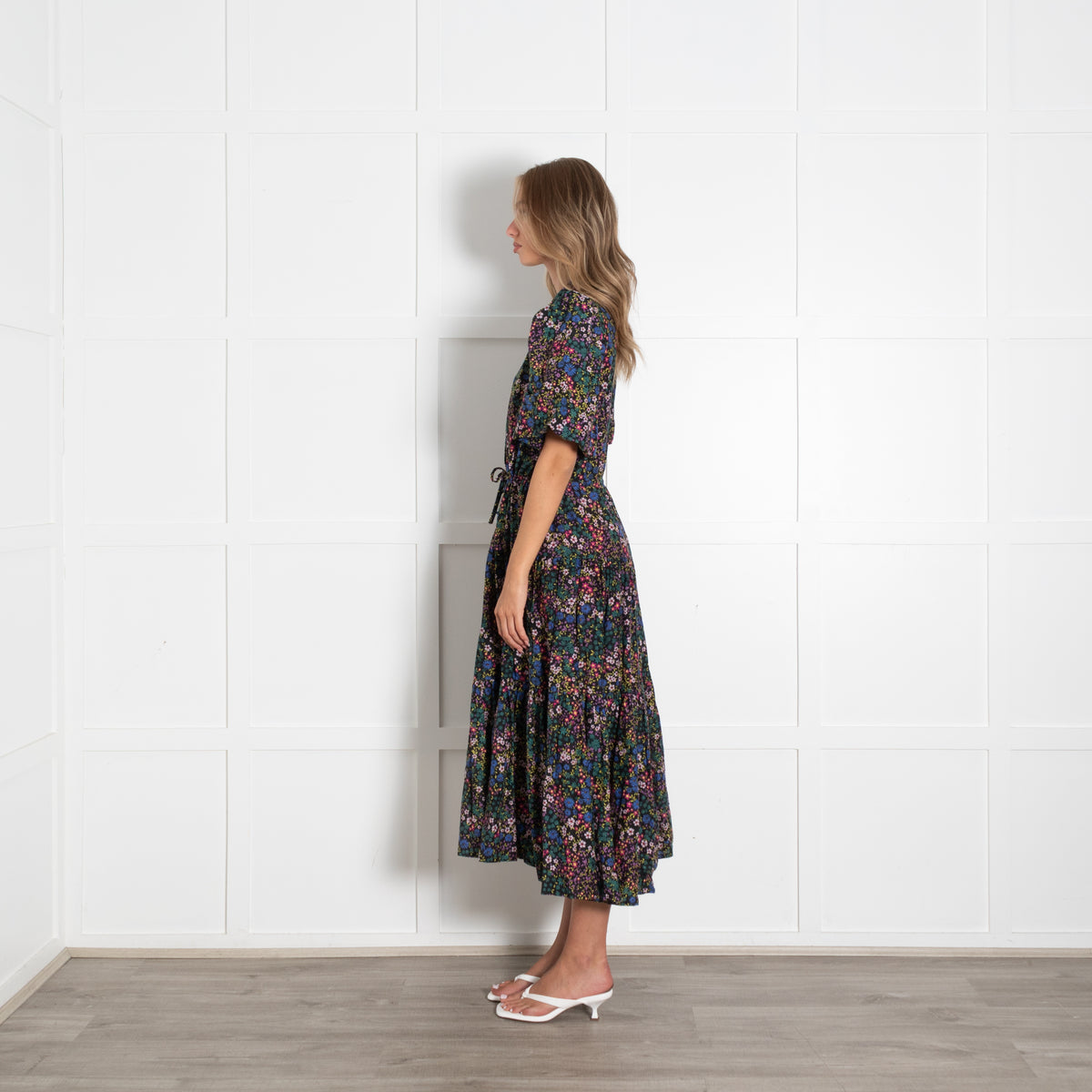 Munthe Black Cotton Floral Puff Sleeve Midi Dress