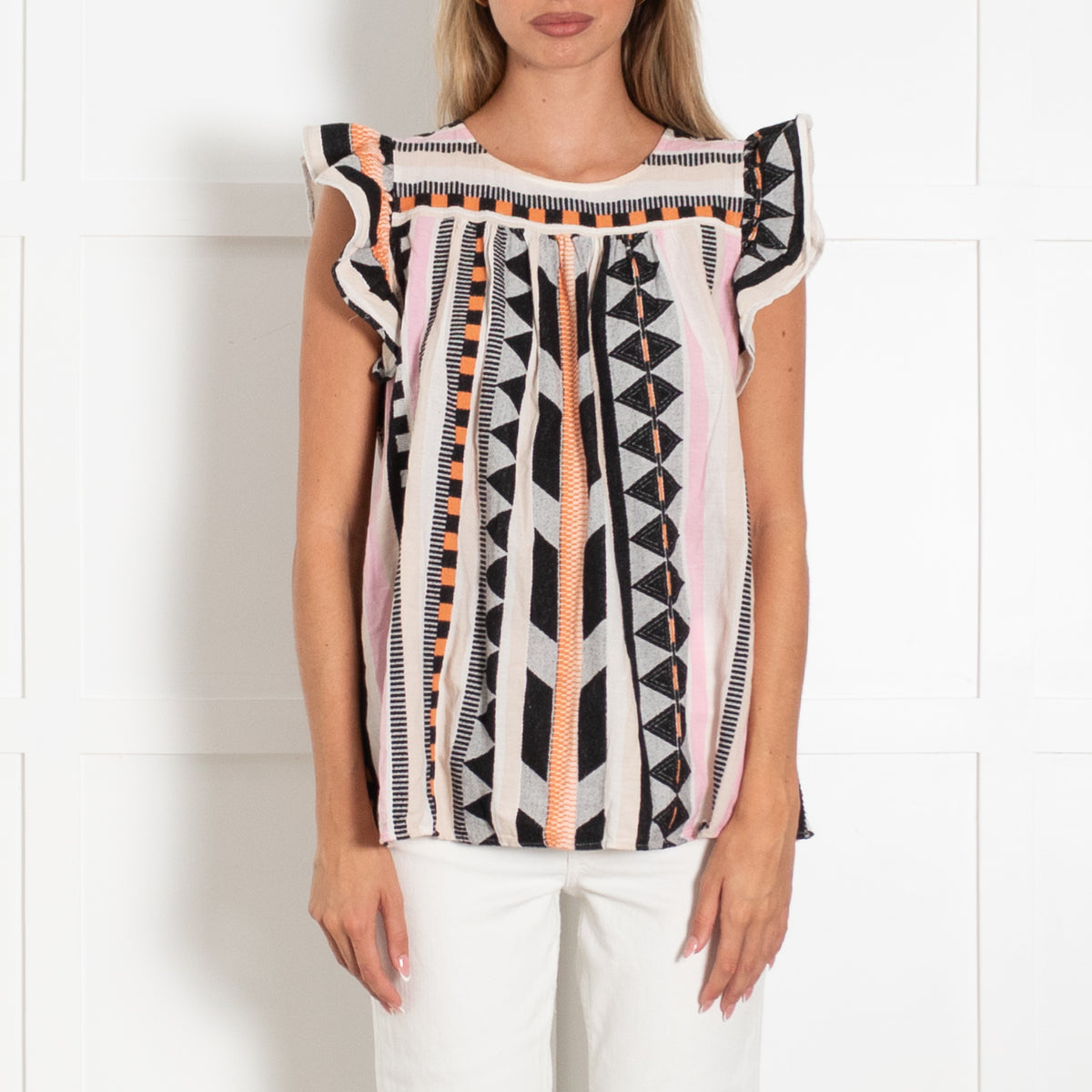 Devotion Twins Beige Black Pink Frill Sleeves Cotton Top