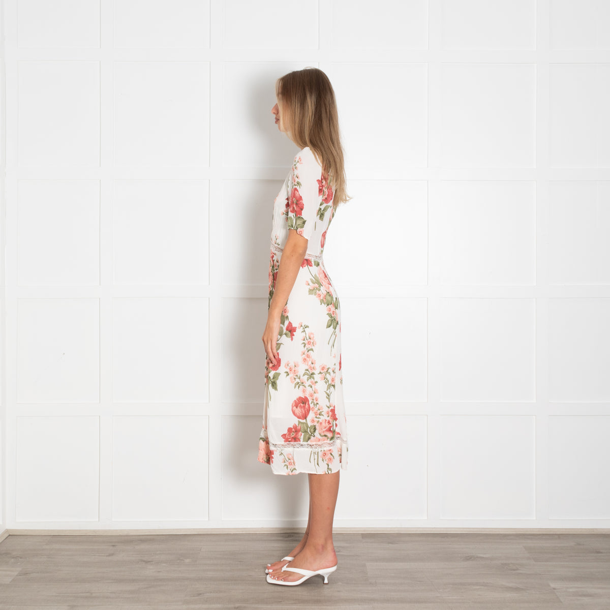 Reformation Cream Red Green Floral Lace Detail Dress