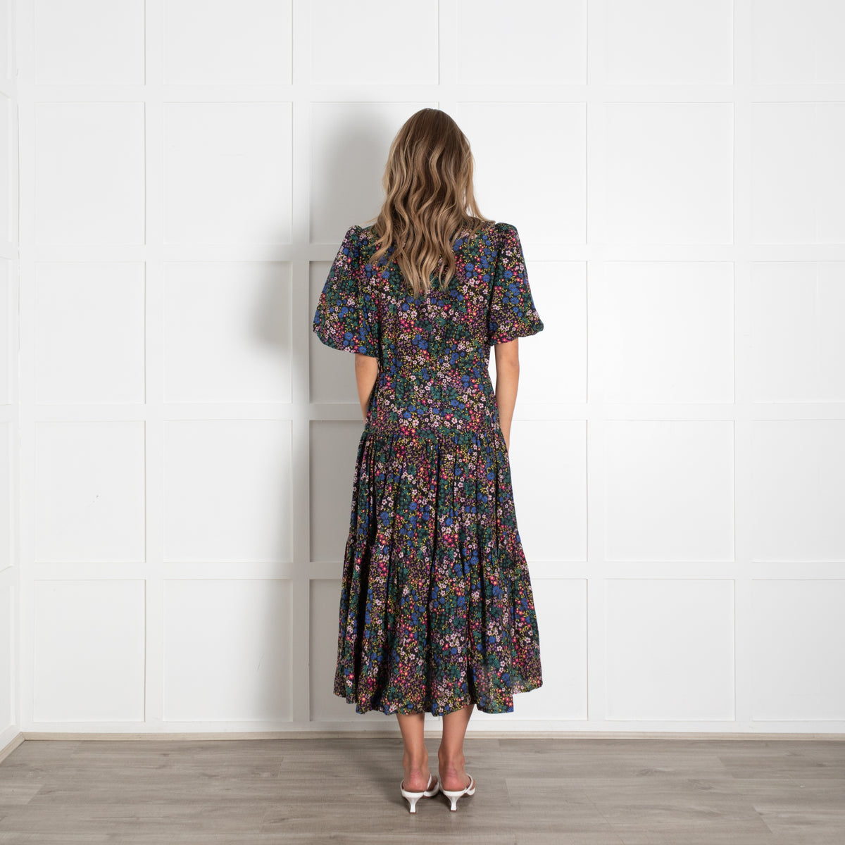 Munthe Black Cotton Floral Puff Sleeve Midi Dress