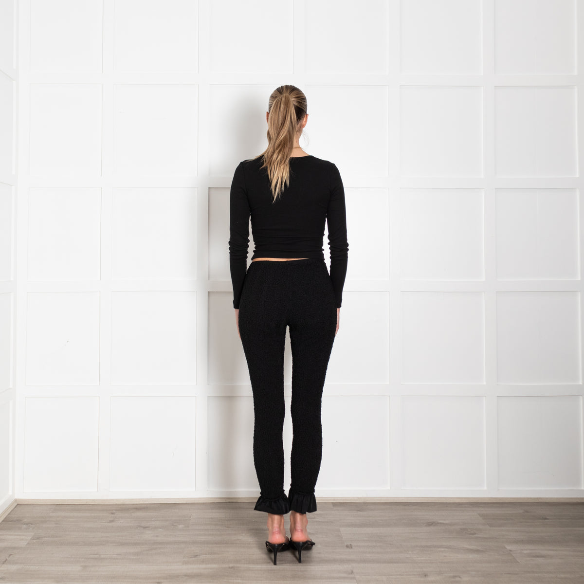 Alexander Wang Black High Waisted Smock Ruffle Edge Boot Cut Pants