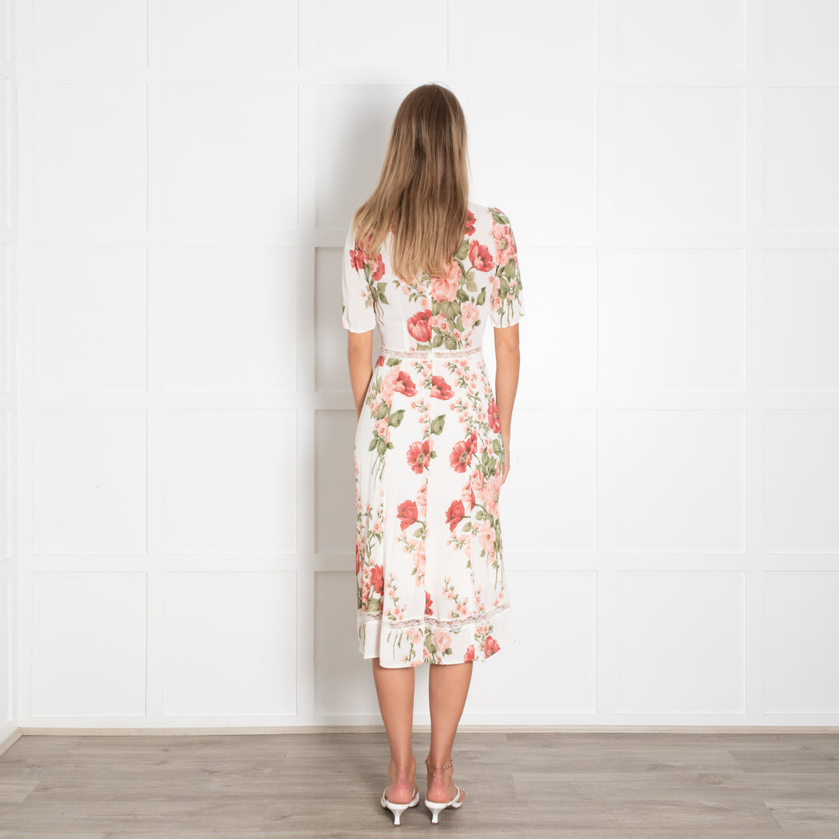 Reformation Cream Red Green Floral Lace Detail Dress
