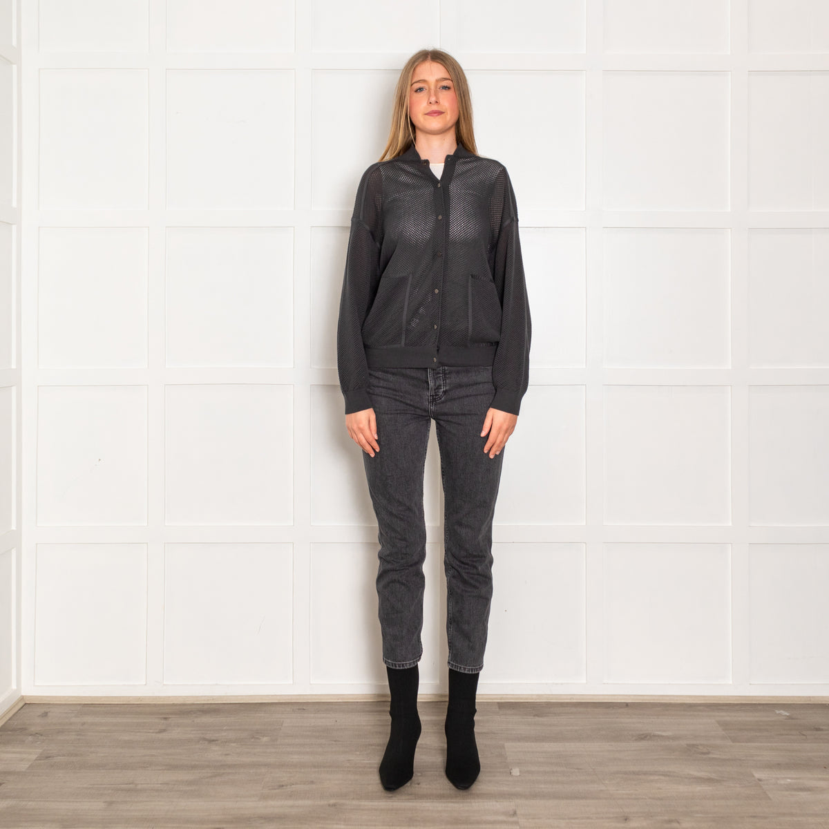 Brunello Cucinelli Grey Net Cotton Bomber Jacket