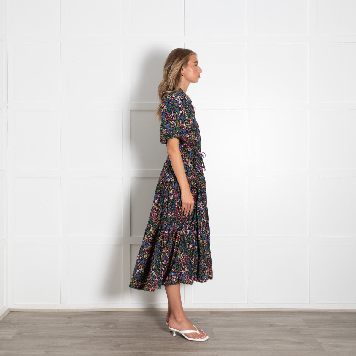 Munthe Black Cotton Floral Puff Sleeve Midi Dress