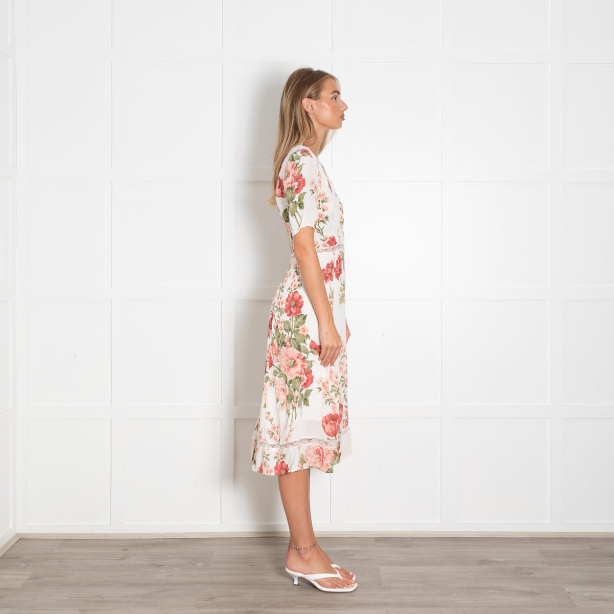 Reformation Cream Red Green Floral Lace Detail Dress