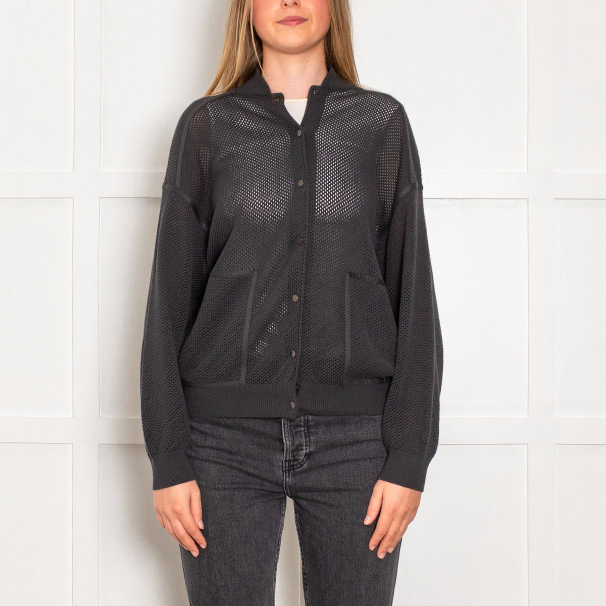 Brunello Cucinelli Grey Net Cotton Bomber Jacket