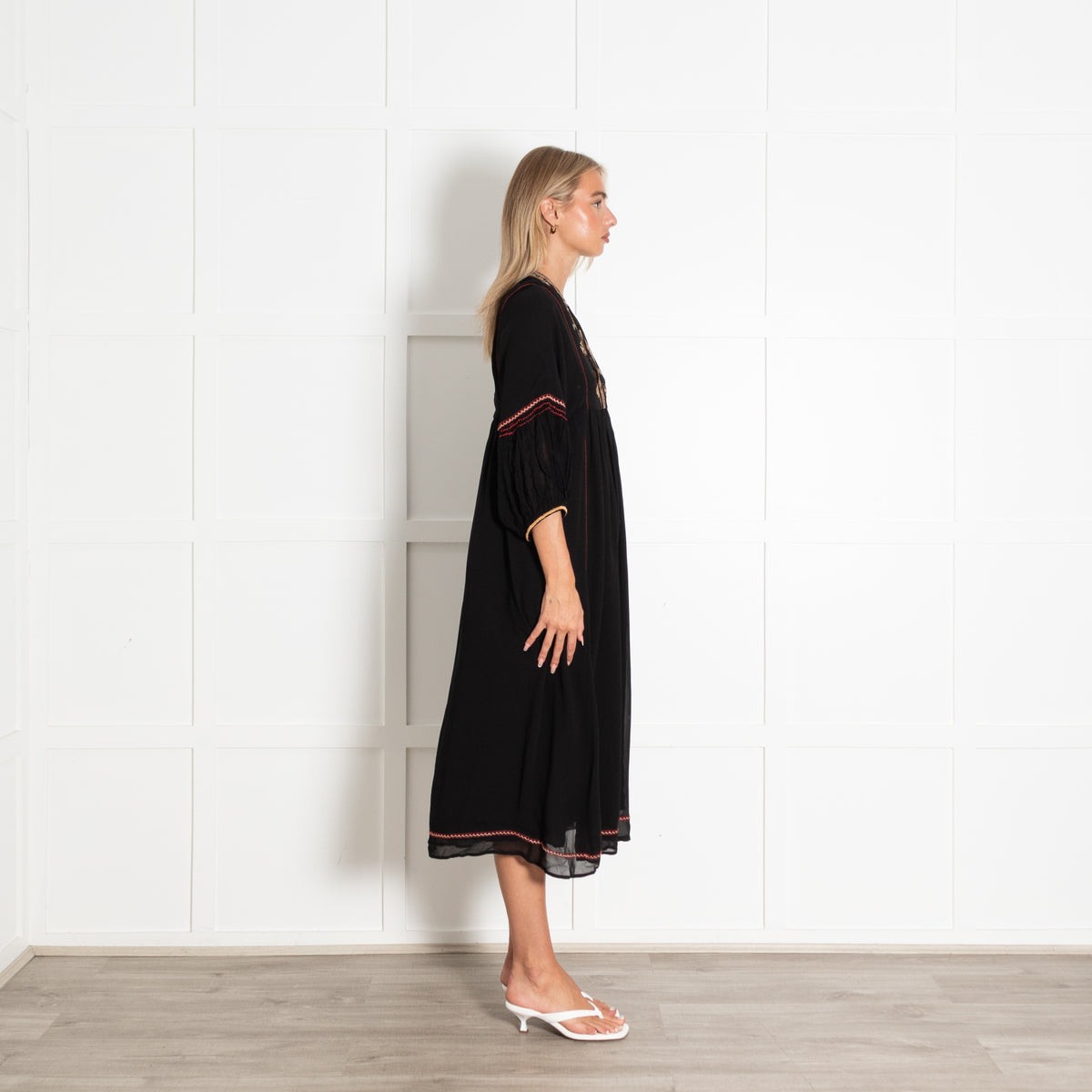 Vanessa Bruno Black Beige Red Embroidery Dress