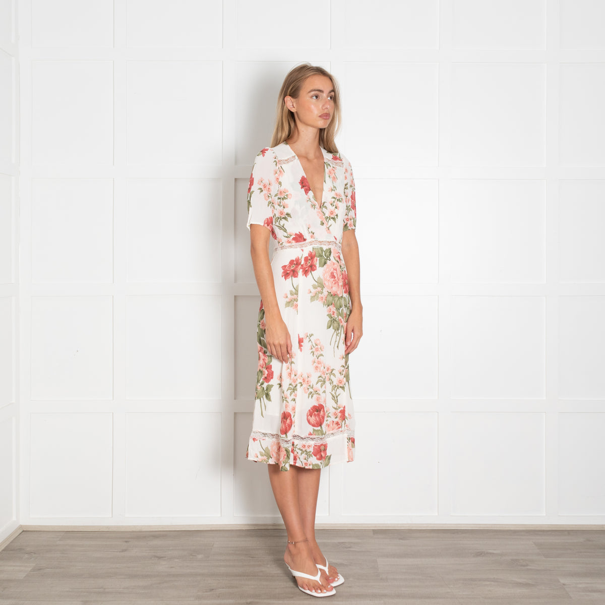 Reformation Cream Red Green Floral Lace Detail Dress