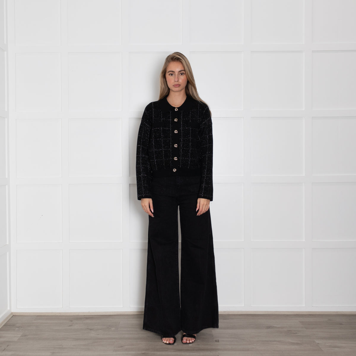 Boss Black Cropped Jacket in Sparkle Tweed With Gold Buttons