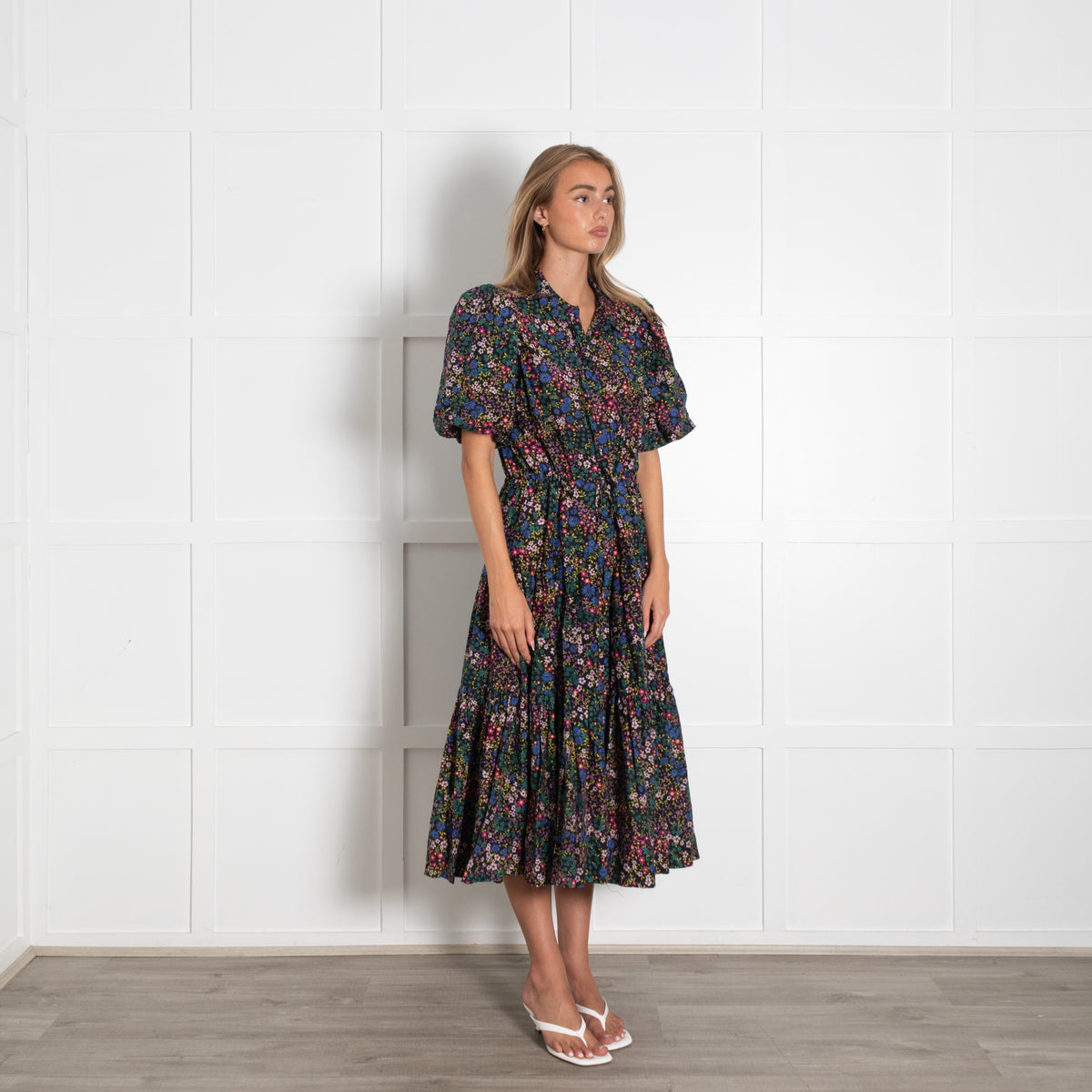 Munthe Black Cotton Floral Puff Sleeve Midi Dress