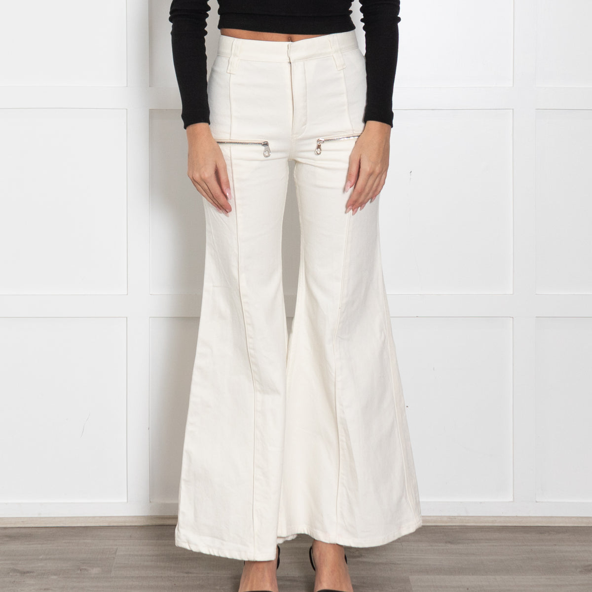 Chloe White Denim Flared Jeans with Silver Zip Details