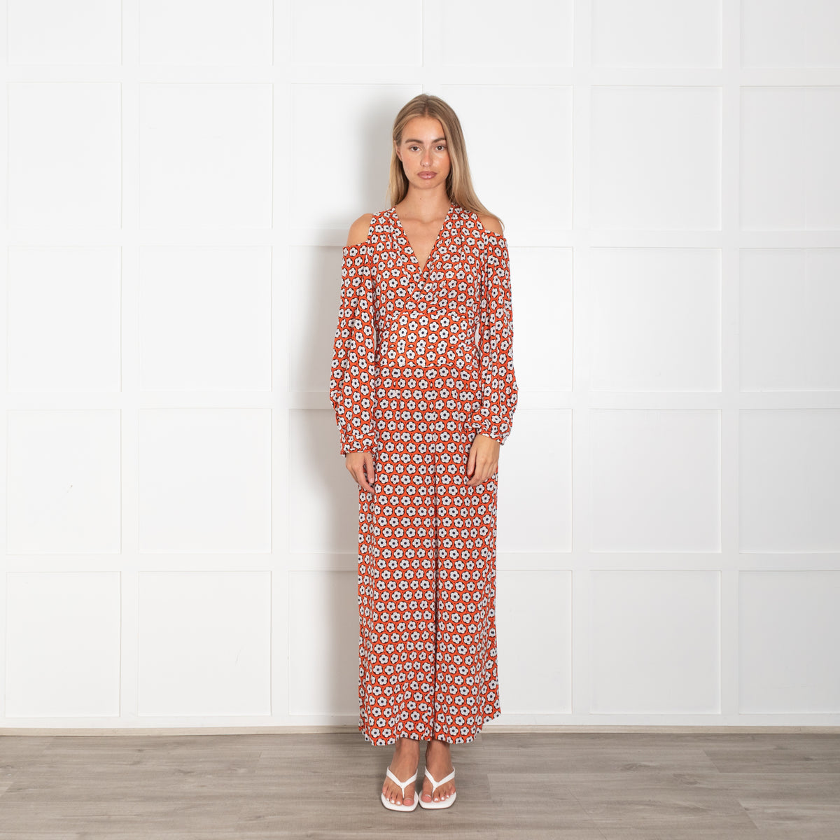 Diane Von Furstenberg Orange Black Cream Flower Wrap Jumpsuit