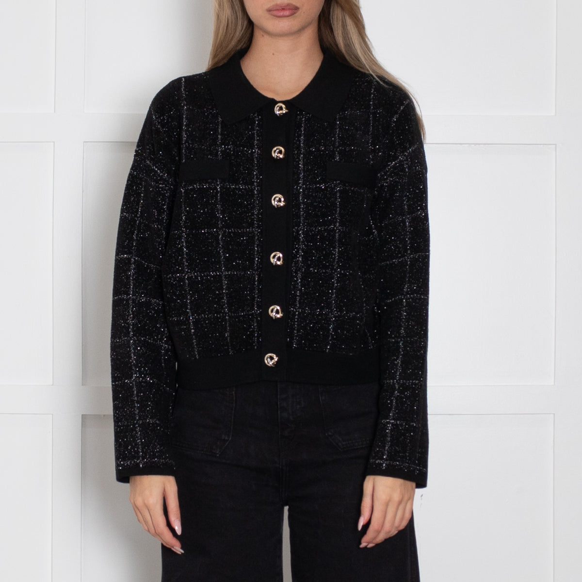 Boss Black Cropped Jacket in Sparkle Tweed With Gold Buttons