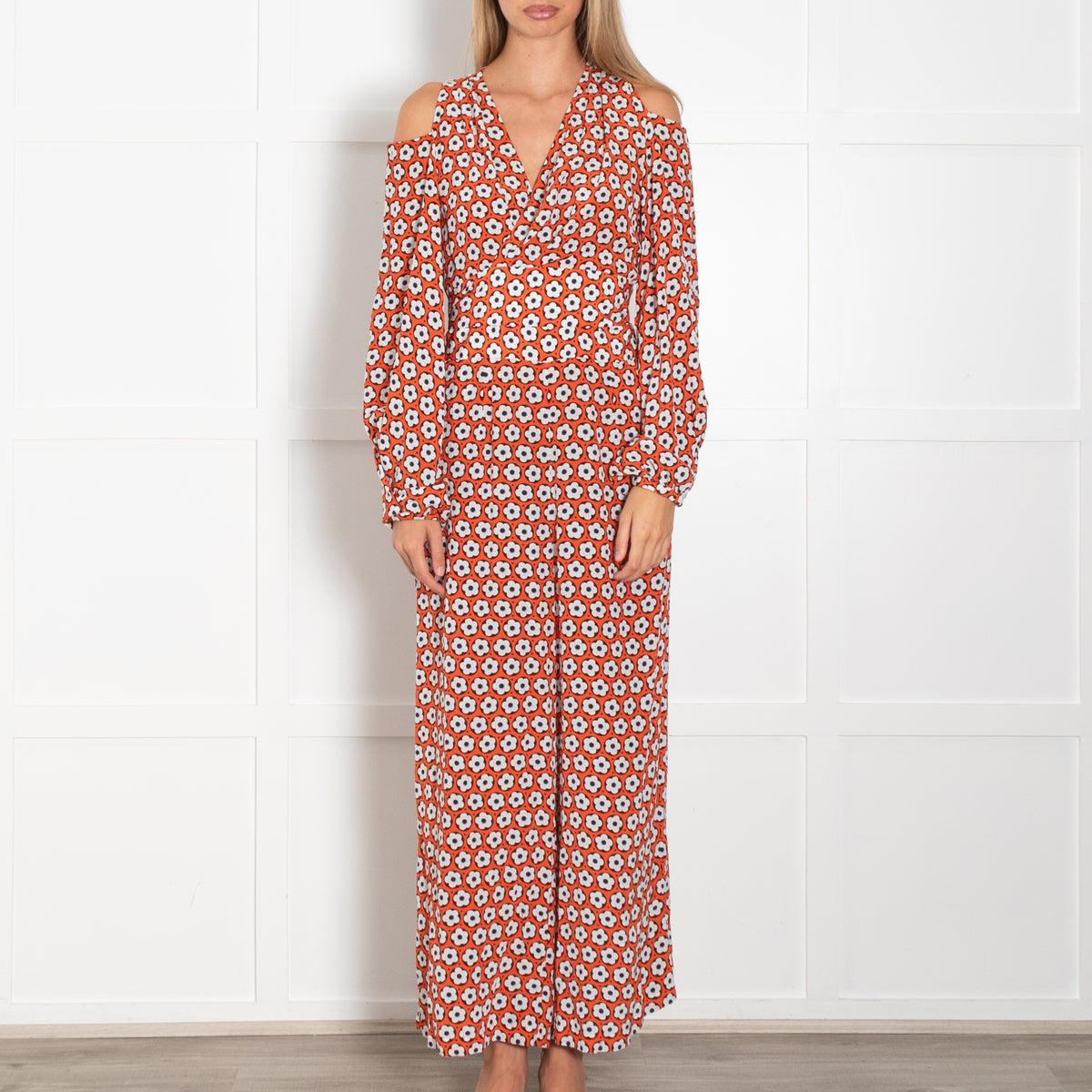 Diane Von Furstenberg Orange Black Cream Flower Wrap Jumpsuit