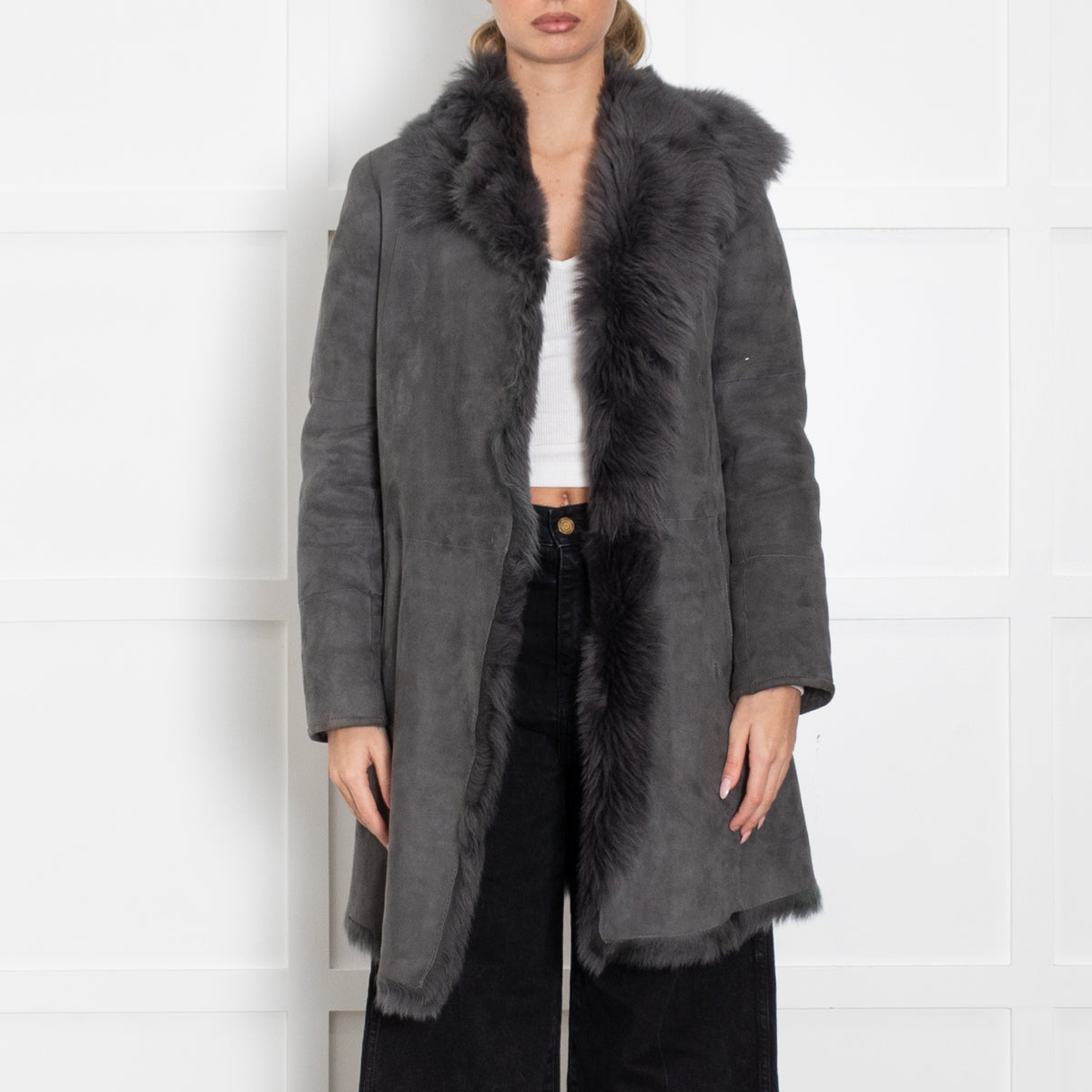 Joseph Grey Suede Shearling Short Coat