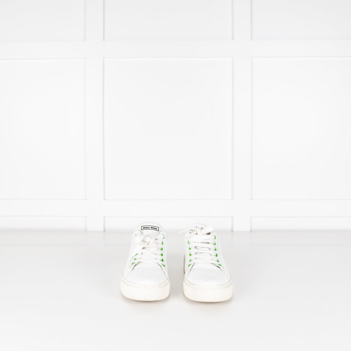 Miu Miu White Leather Trainers with Green Eyelets